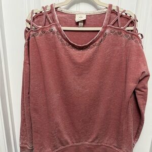 Knox Rose Pink Distressed XLarge Sweatshirt Caged Neck Embroidered Neck (24-15)